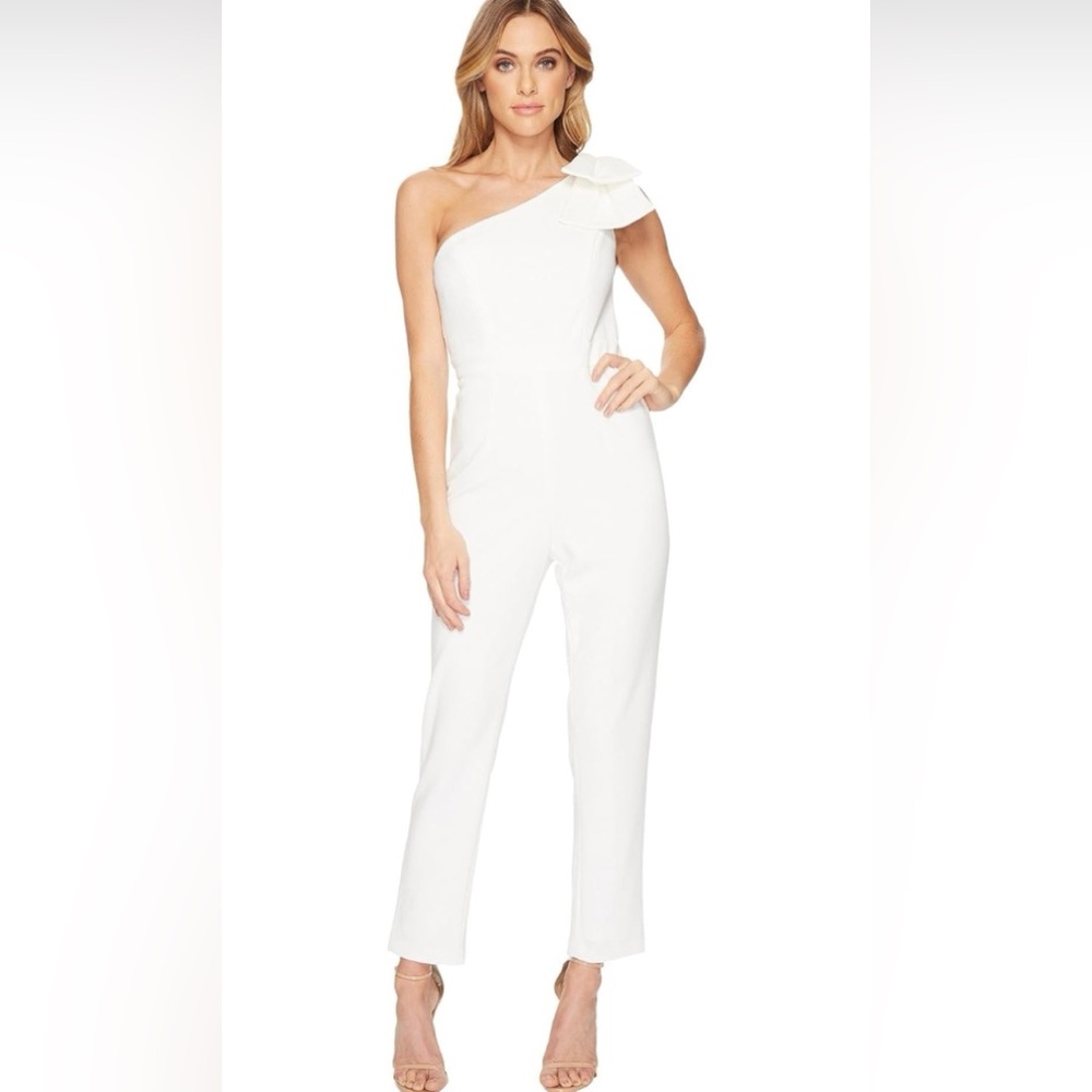 Adrianna Papell One shoulder bridal jumpsuit with bow